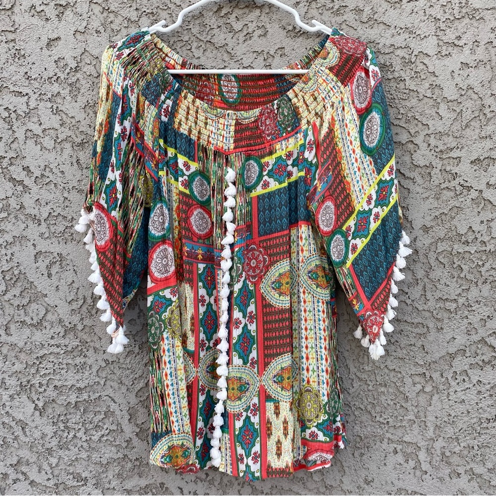 SOFT SURROUNDINGS Boho Patchwork Mini Pom Pom Flowy Top